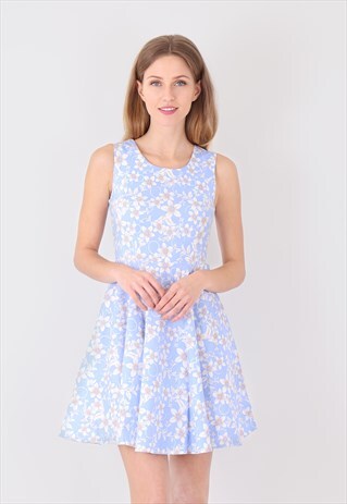 BLUE CREW NECK SLEEVELESS FLORAL PRINT MINI SKATER DRESS