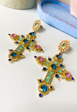 Oversize Jewelled Cross Earrings