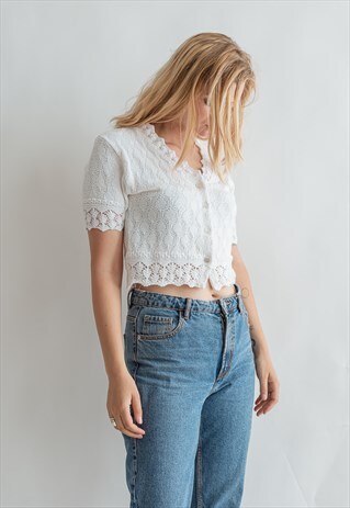 VINTAGE 80S CROCHET CROP TOP WITH BUTTON UP FRONT