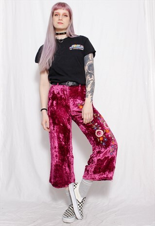 90S GRUNGE Y2K HIPPIE BOHO EMBROIDERED PINK VELVET CULOTTES