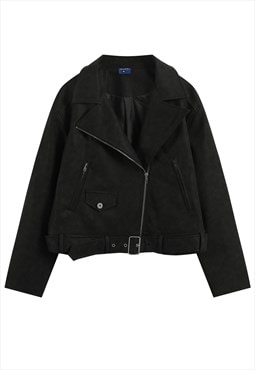 Black cropped biker jacket faux leather grunge rocker bomber