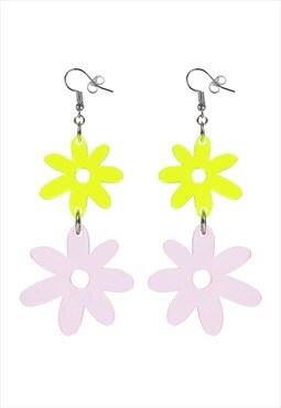 Flower power double drop hook earrings in acid & pink tint