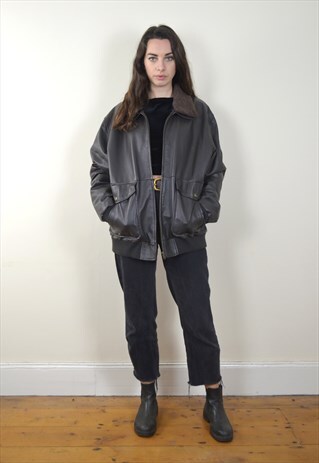 1990S VINTAGE BROWN LEATHER SHERPA COLLAR AVIATOR JACKET