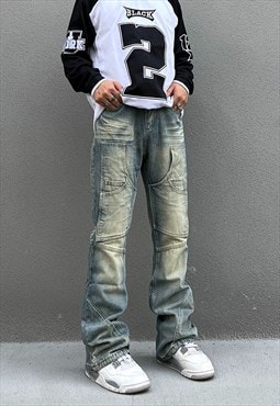 Blue Washed Cargo Denim jeans pants trousers