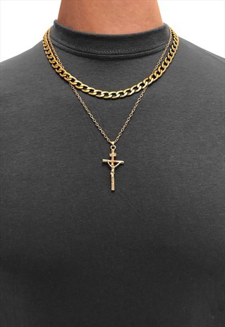 CRUCIFIX CROSS PENDANT CURB LAYER NECKLACE CHAIN - GOLD