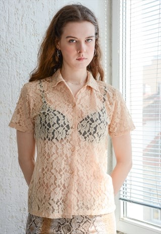 VINTAGE BEIGE LACE SHORT SLEEVED TOP