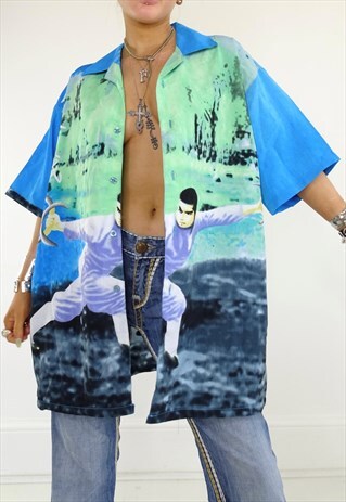VINTAGE Y2K BUTTON UP SHIRT GRAPHIC PRINT 00S CYBER GRUNGE