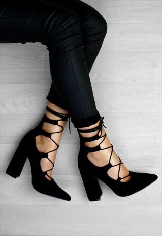 CAMILLA BLACK LACE UP POINTED BLOCK HEELS IN SUEDE