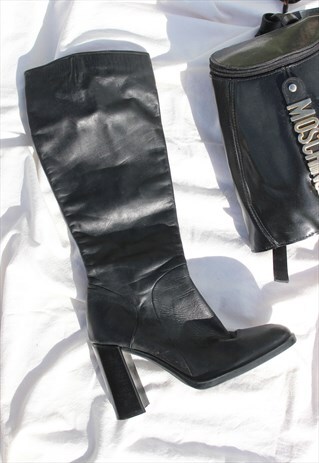 VINTAGE 90S BLACK REAL LEATHER KNEE HIGH BOOTS - UK 5