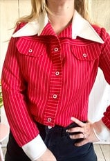 Vintage Red & White Striped Dagger Collar 70's Thick Shirt