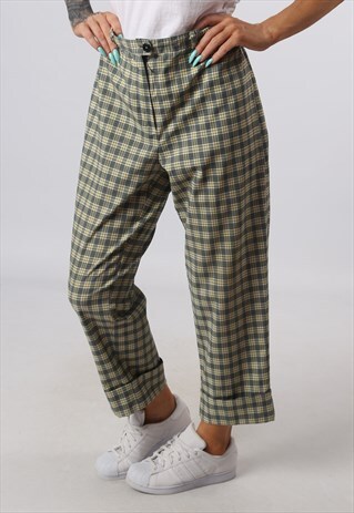 HIGH WAISTED TROUSERS TARTAN CHECKED WIDE TAPERED 16 (82O)