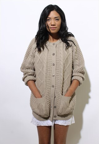 VINTAGE 1980'S 80'S CABLE KNIT OATMEAL GRANDPA CARDIGAN M-L