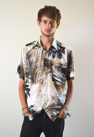 80S VINTAGE BROWN PALM ABSTRACT PRINT SHORT SLEEVE SHIRT