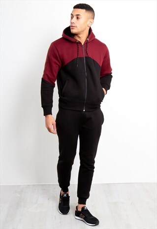 MENS BLACK SPLICED PANEL SKINNY FIT TRACKSUIT