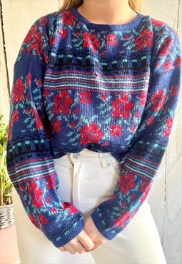 Vintage Blue & Red Floral Knitted 80's Grandad Jumper