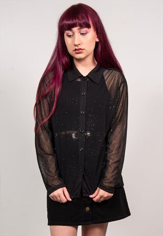 90'S BLACK BEAD GLITTER DETAIL SHEER LONG SLEEVE SHIRT