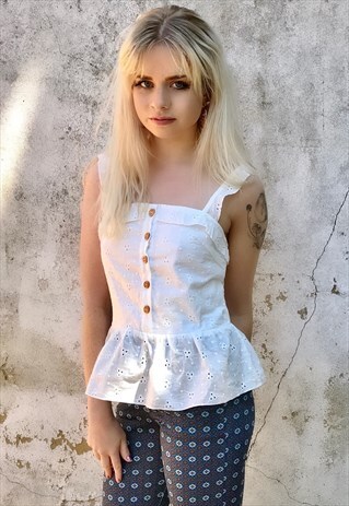 WHITE BRODERIE PEPLUM TOP