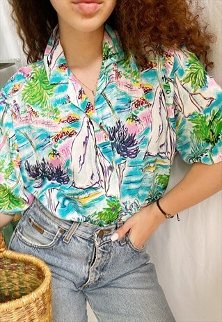 VINTAGE 80S TROPICANA SHIP TRAVEL PRINT BOHEME BLOUSE TOP