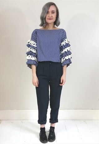 VINTAGE 80'S BLUE STRIPED AND POLKA DOT FRILL SLEEVE TOP