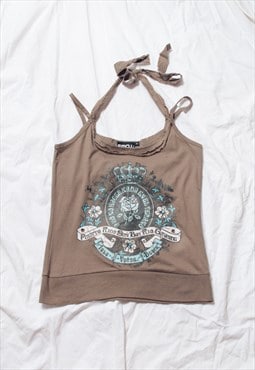 Vintage Y2K Crown Printed Halter Top in Brown