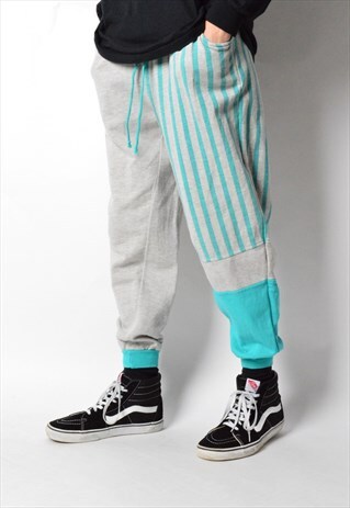 VINTAGE 80S GREY STRIPED COLOUR BLOCK SWEATPANTS