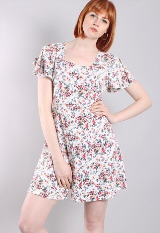 VINTAGE 80S FLORAL BUTTON TIE BACK SUMMER MINI DRESS