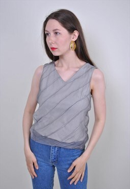 90s lace tank top, vintage grey sleeveles blouse, Size M