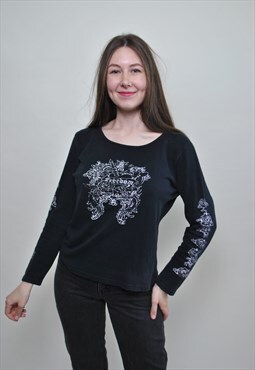 Black long sleeve tee shir, Grunge shirt, Vintage women 