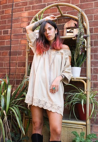 ADORNED FAIRTRADE BEIGE CROCHET COLD SHOULDER TOP DRESS