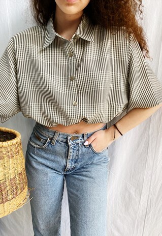 VINTAGE 80S GINGHAM CHECK REWORKED MILKMAID BLOUSE CROP TOP