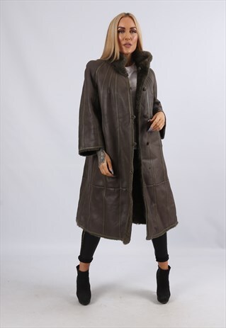 VINTAGE SHEEPSKIN LEATHER SHEARLING COAT MID LONG 10 S (JKAM