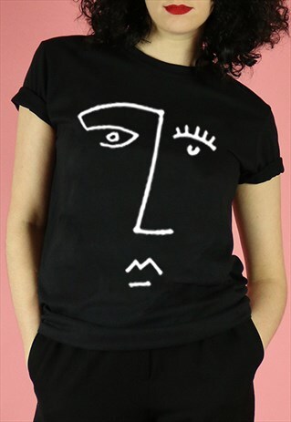 FACE ART PRINT LINE DRAWING T-SHIRT TOP - WHITE ON BLACK