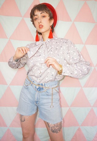 VINTAGE 60S BEIGE PATTERNED BLOUSE WITH PUSSY BOW