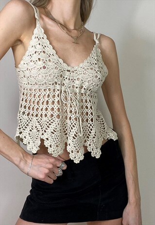 Vintage Y2k Crochet Cami Crop Top Cream Festival