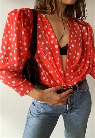 VINTAGE 80S PARISIAN POLKA DOT LUXE MINIMALIST BLOUSE TOP