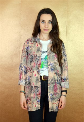 80S VINTAGE RED AND BLACK FLOWER ABSTRACT LONG SLEEVE SHIRT