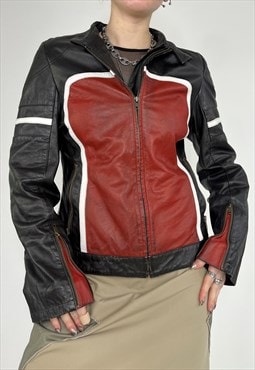 Vintage 90s Leather Jacket Racer Biker Zip Up Red Black Y2k