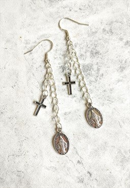Virgin Mary and Cross Chain Drop Earrings