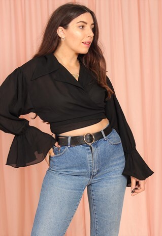 VINTAGE 70S CROP BLOUSE IN BLACK CHIFFON