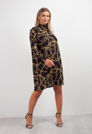 BLACK CHAIN PRINT HIGH NECK DRESS