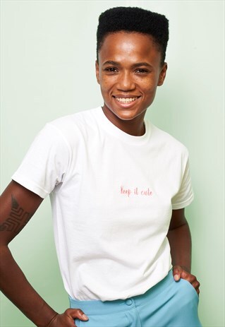 KEEP IT CUTE EMBROIDERED WHITE SLOGAN T-SHIRT