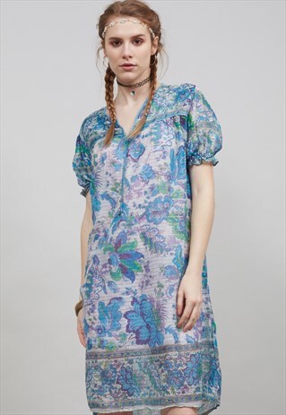 VINTAGE 70'S GREEN AND BLUE FLORAL INDIAN BOHO DRESS