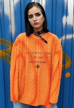 Rubber slogan knitted distressed sweater tie-dye top orange