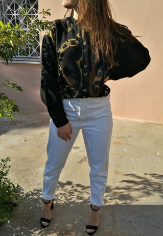 90S BLACK & GOLD EMBROIDERED WOOL CARDIGAN JUMPER