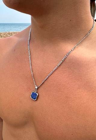 Mens Royal Blue Lapis Lazuli Pendant Necklace 