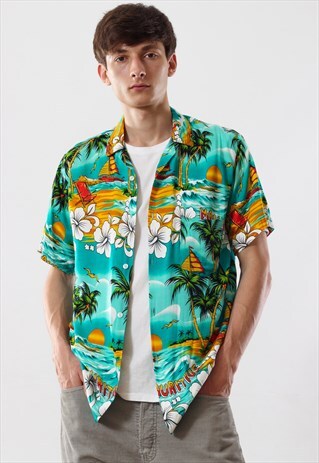 VINTAGE HAWAIIAN 90S BLUE ALOHA ISLANDS PRINTED PATTERNED