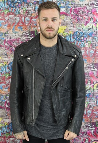 VINTAGE 80'S LEATHER BLACK UNISEX BIKER JACKET. GRUNGE