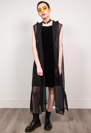 VINTAGE 90'S BLACK SHEER SLEEVELESS LONG HOODED SHIRT