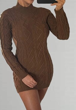 Cable Knit Backless Dress - Brown