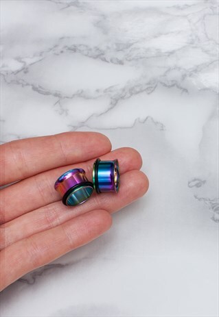 RAINBOW STEEL EAR TUNNEL X 2 LARGE FLARE PETROL BODY JEWELRY